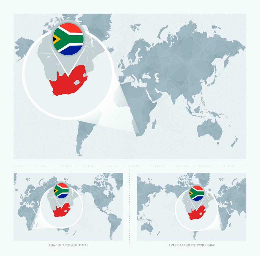 Magnified South Africa over Map of the World, 3 versions of the World Map with flag and map of South Africa. vector