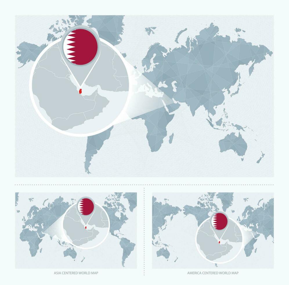 Magnified Qatar over Map of the World, 3 versions of the World Map with flag and map of Qatar. vector