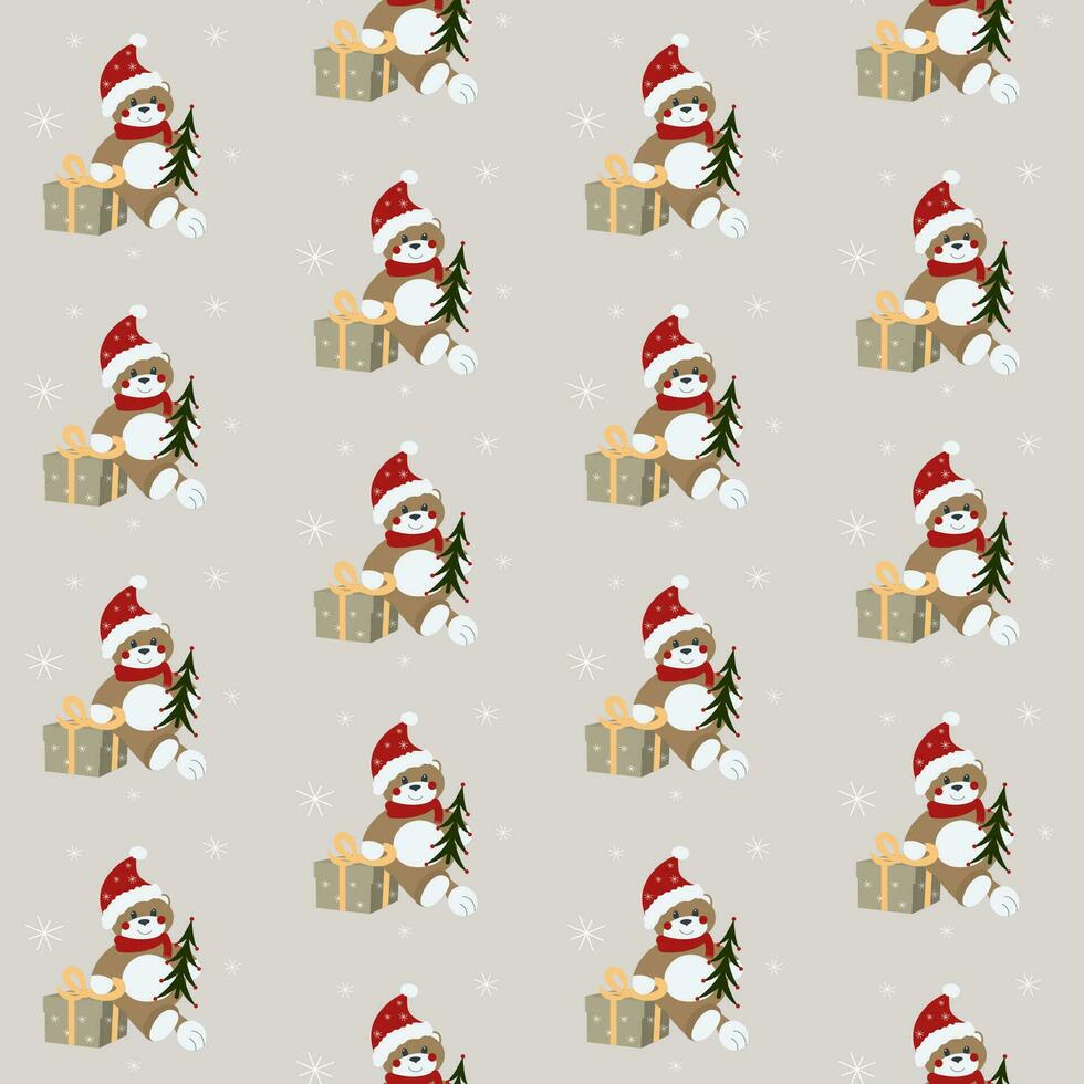Vector seamless pattern with Christmas or Happy New Year little cute bear sitting on a gift box with noel tree.