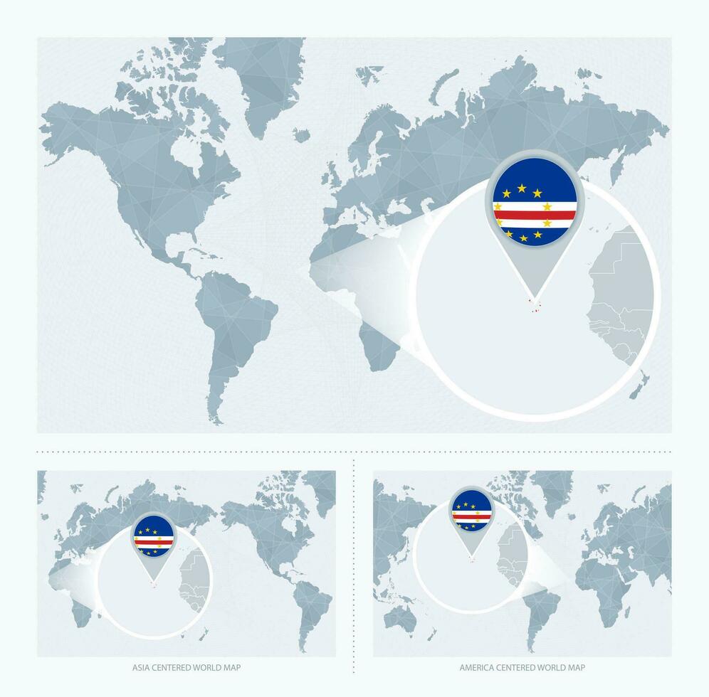 Magnified Cape Verde over Map of the World, 3 versions of the World Map with flag and map of Cape Verde. vector