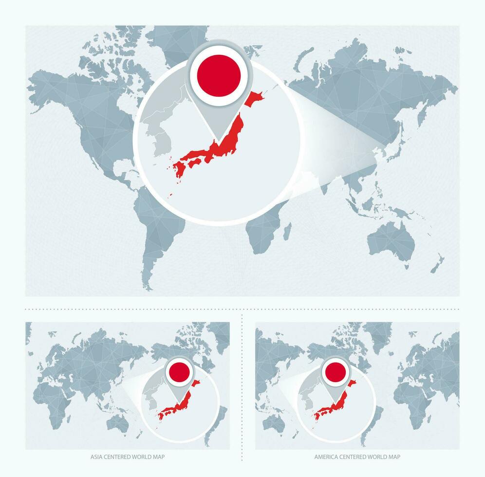Magnified Japan over Map of the World, 3 versions of the World Map with flag and map of Japan. vector