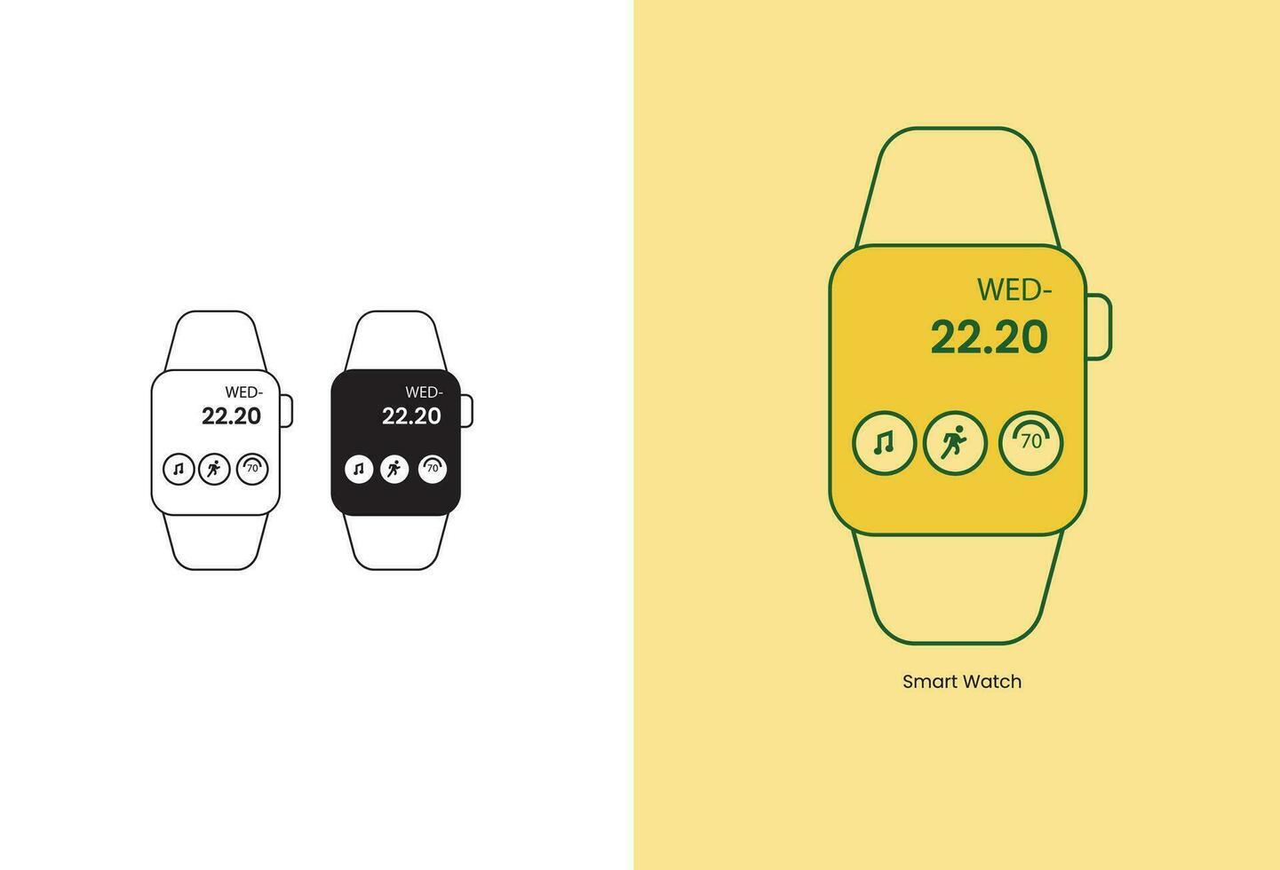 A set of linear icon illustrations depicting smart watches, wearable electronic devices, presented in a simple outlined style. Suitable for various design projects and applications vector