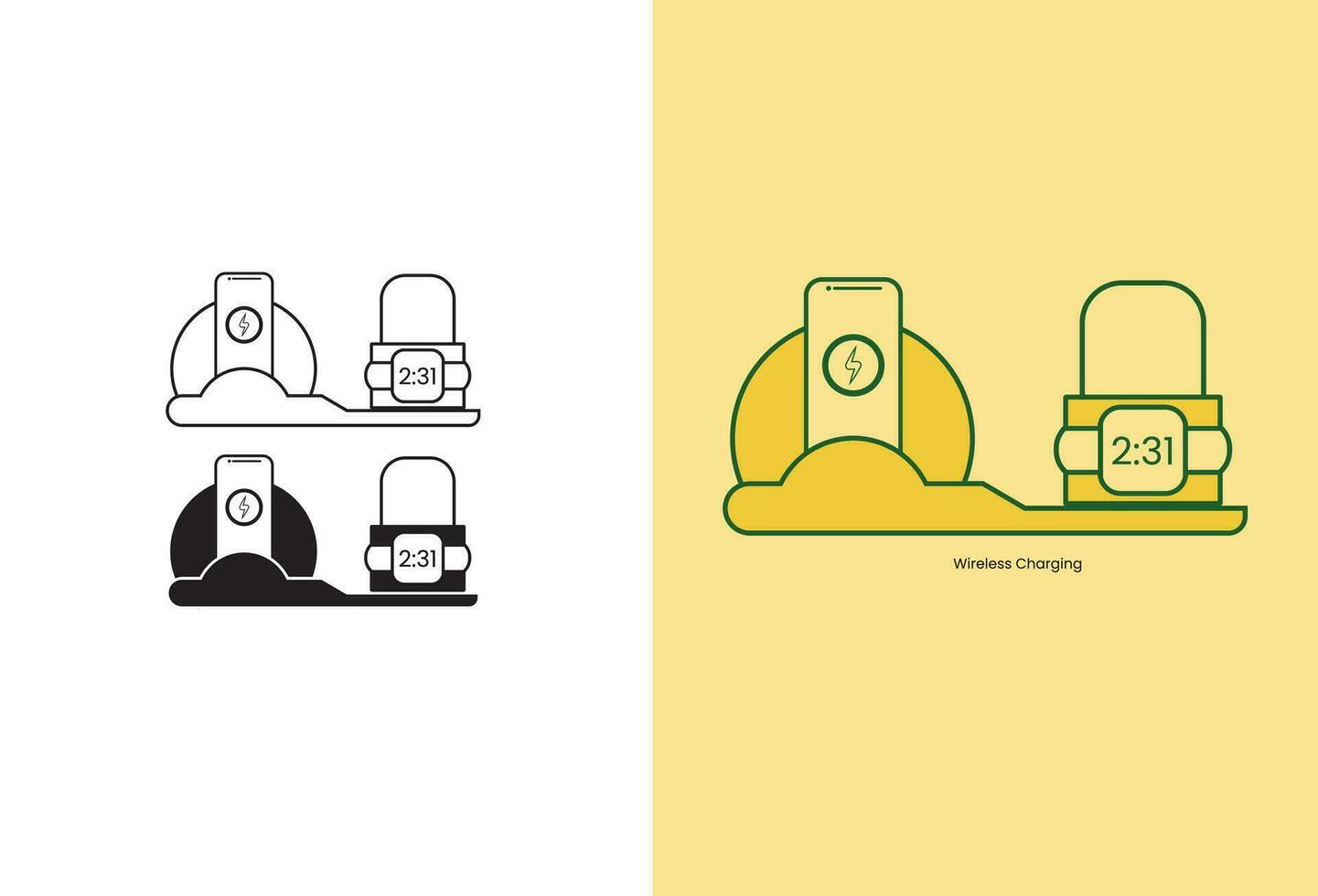 The concept of wireless charging depicted through a set of wireless charging icons showcasing simple signs for phone charging in a vector illustration.