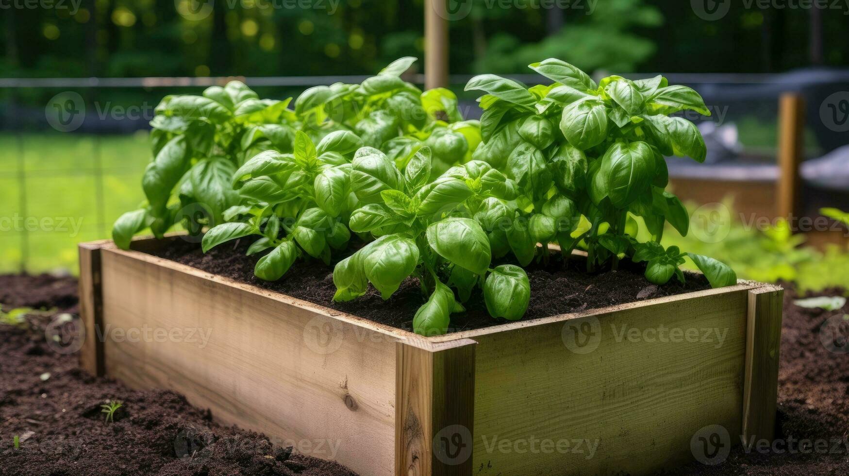 Green basil growing in raised beds in garden. Generative AI photo