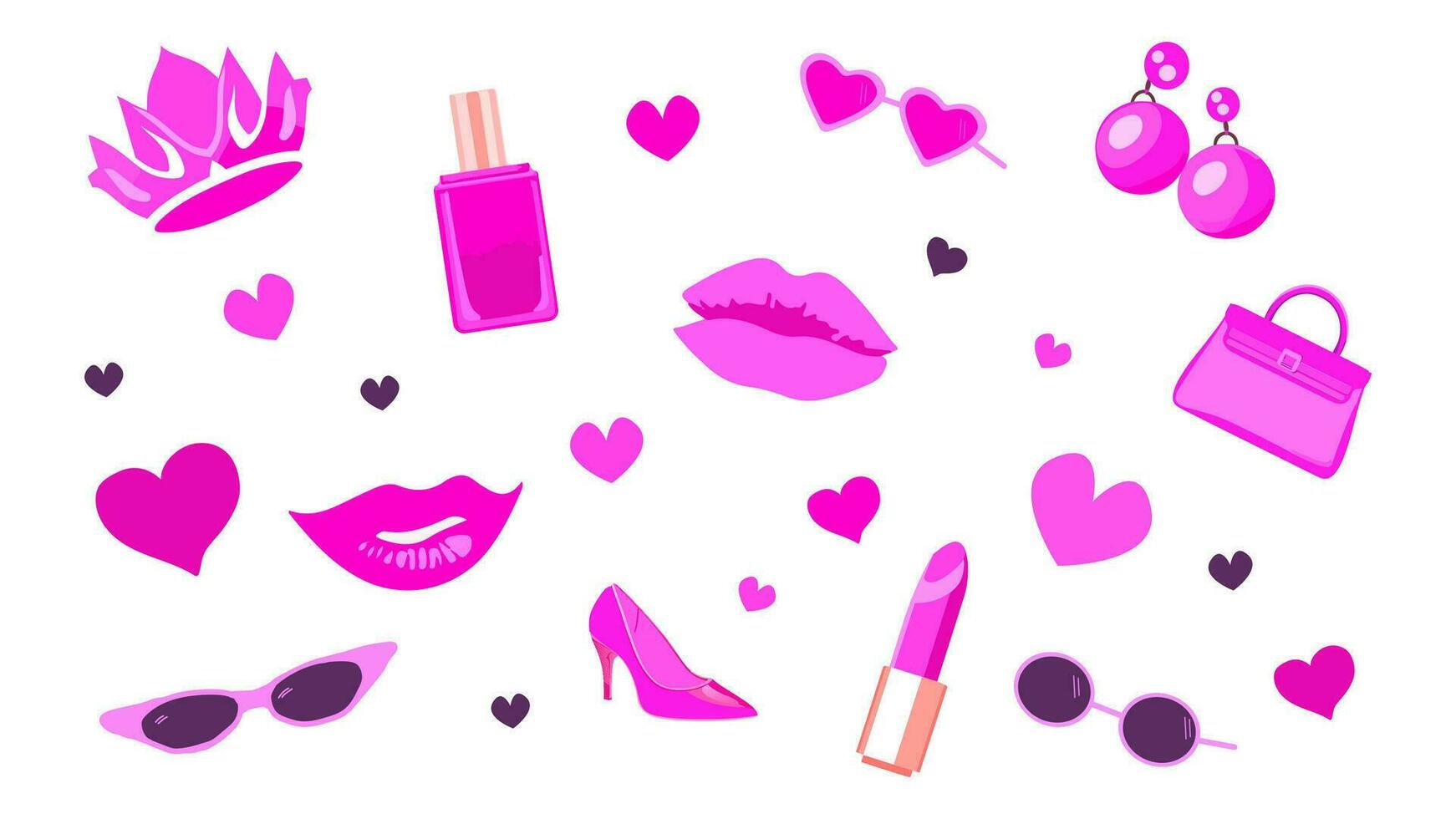 Glamorous trendy pink set. Pink fashion doll accessories. Doll collection for girls. Isolated vector. Crown, perfume, lipstick, lips, kiss, purse, sunglasses, earrings, high heels, hearts vector