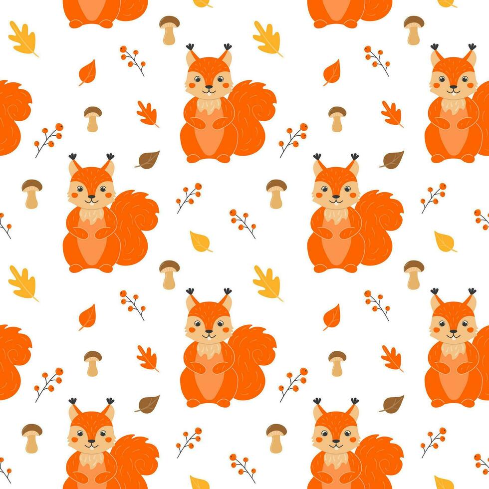 Seamless pattern with cute squirrels, mushrooms, leaves and twigs with berries in cartoon style. vector