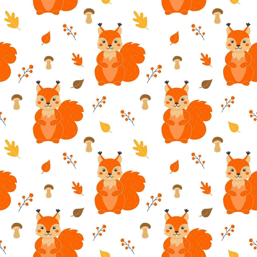 Seamless pattern with cute squirrels, mushrooms, leaves and twigs with berries in cartoon style. vector