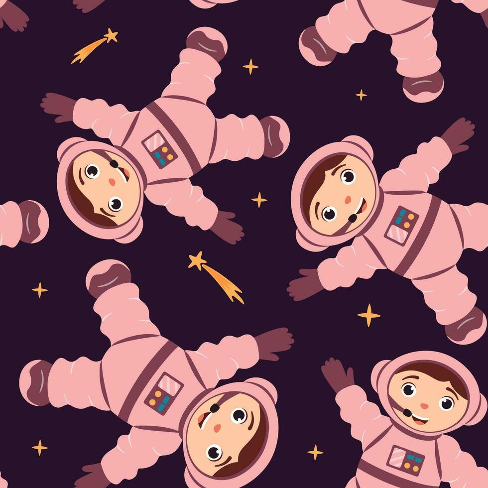 Seamless pattern with cute astronauts and shooting stars in zero gravity in cartoon style. vector