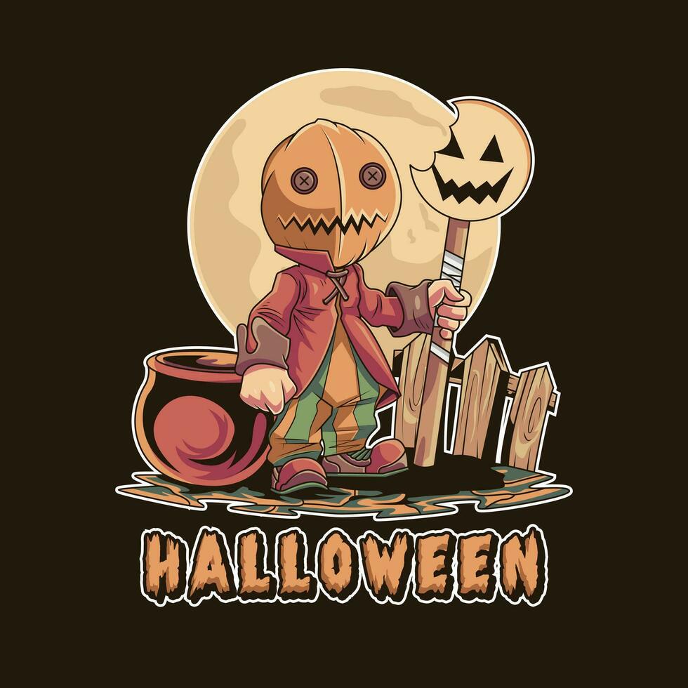 illustration of scary halloween character with magic pumpkin wand. vector