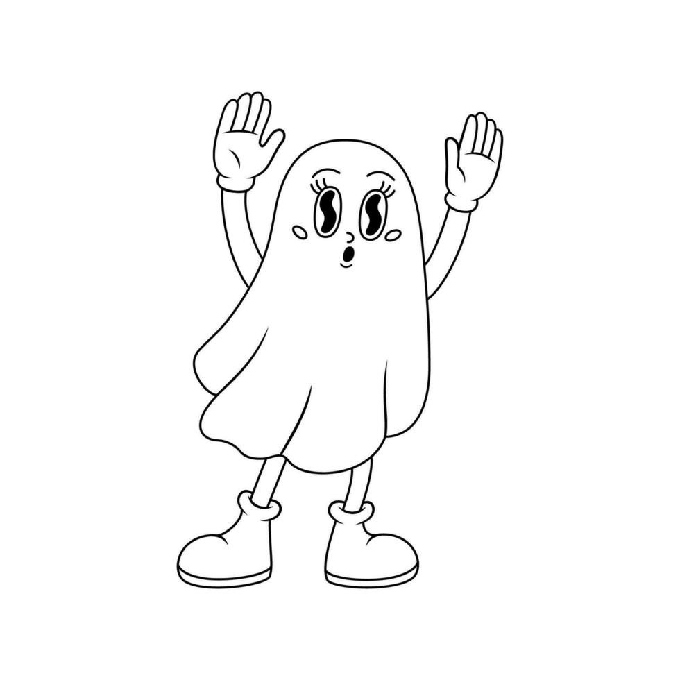 Comic retro cartoon ghost character with funny face. Groovy vector illustration in line style.