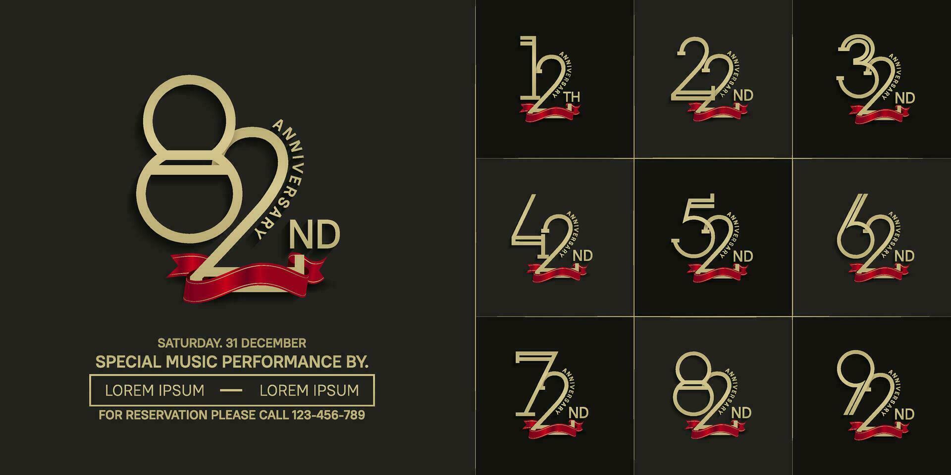 set of anniversary golden color with red ribbon for special celebration event vector