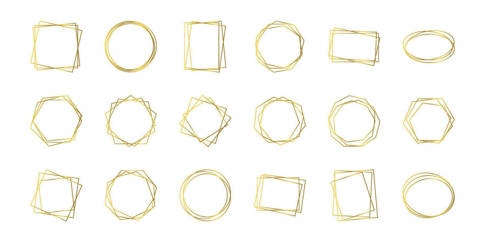 Set of eighteen gold geometric polygonal frames with shining effects isolated on white background. Empty glowing art deco backdrop. Vector illustration.