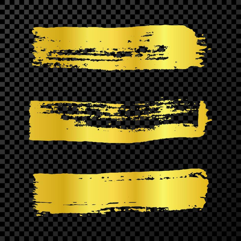 Gold grunge brush strokes. Set of three painted brush ink stripes. Ink spot isolated on dark background. Vector illustration