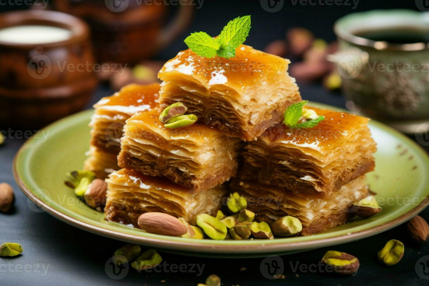 Baklava, an arabesque confection, is loved for its sweetness. Generate Ai photo