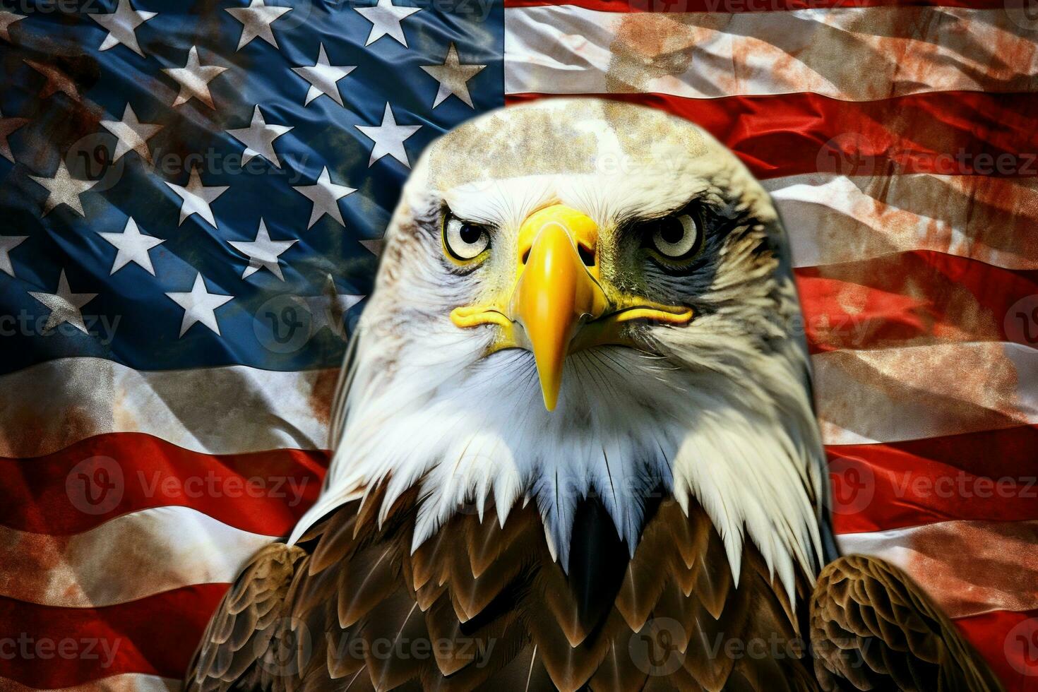 An awe-inspiring bald eagle is superimposed on the American flag with states symbols. Generate Ai photo