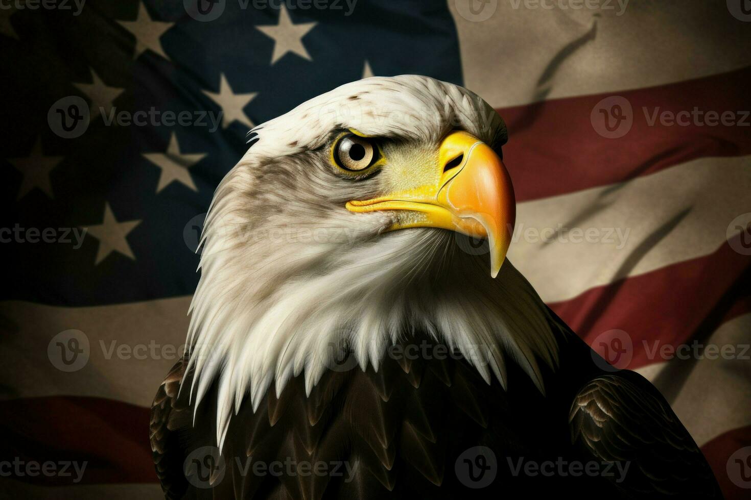 The impressive bald eagle takes center stage against the unique pattern of the American flag adorned with state images. Generate Ai photo