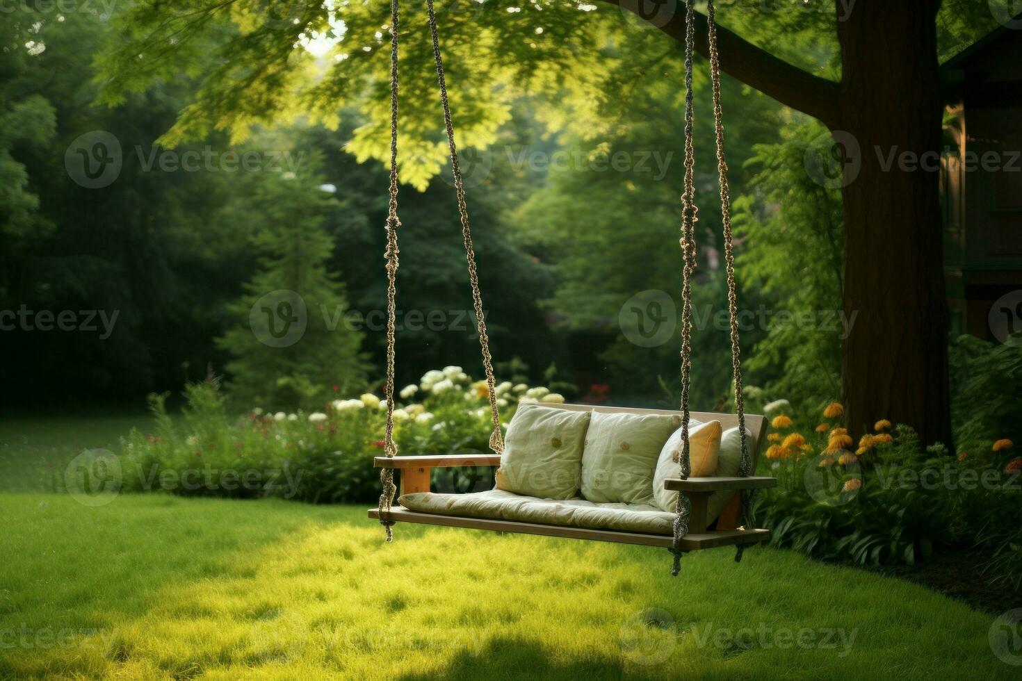 Backyard lawn swing garden. Generate Ai photo