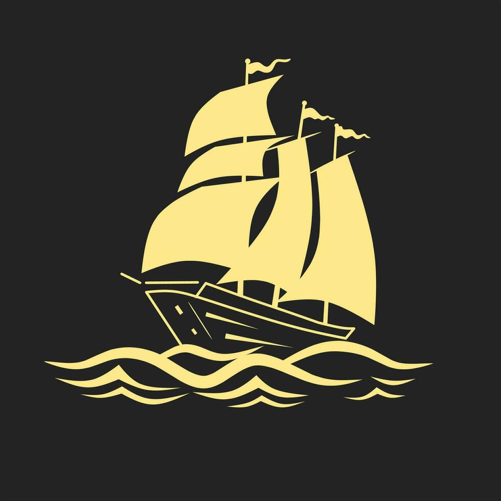 Ship illustration line design in yellow color on dark background vector