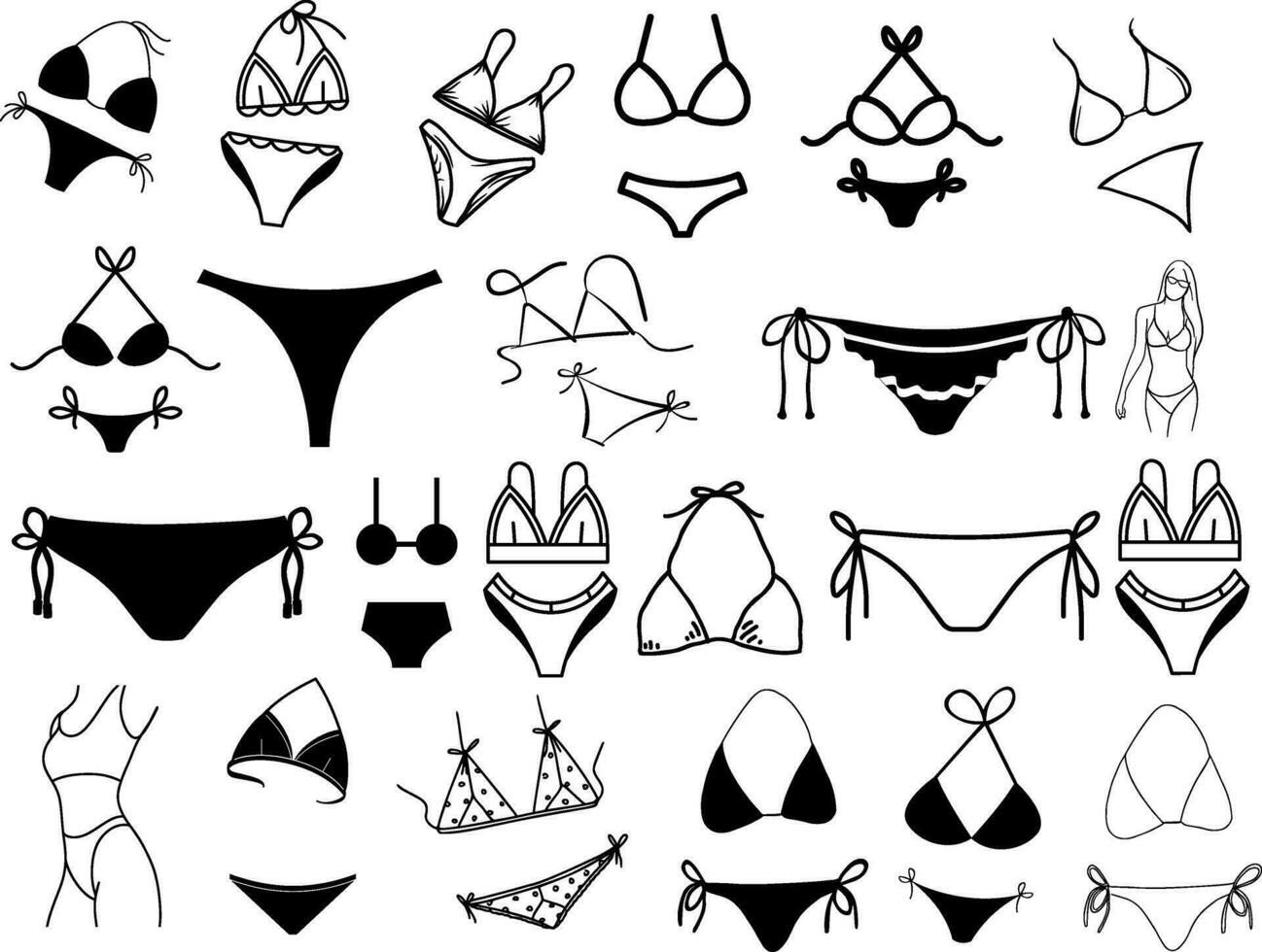 celebrar nacional bikini día con esta icono conjunto de trajes de baño en varios estilos y patrones, ideal para verano y playa proyectos, en blanco antecedentes. vector