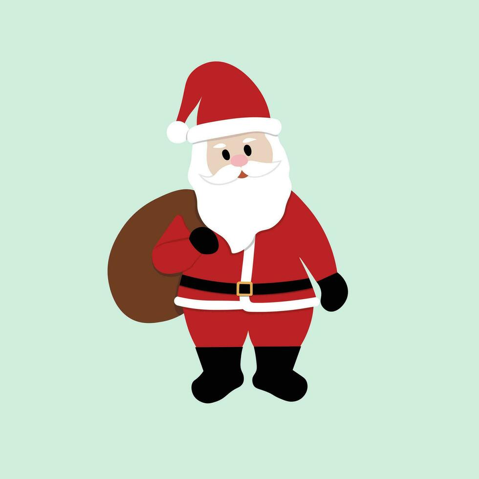 Christmas illustration flat vector in cartoon style. Santa Claus with sack and hat. Merry Christmas. For Christmas cards, banners, tag, labels, background.