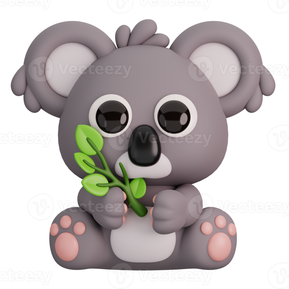 Cute Koala Holding Branch Isolated. Animals and Food Icon Cartoon Style Concept. 3D Render Illustration png