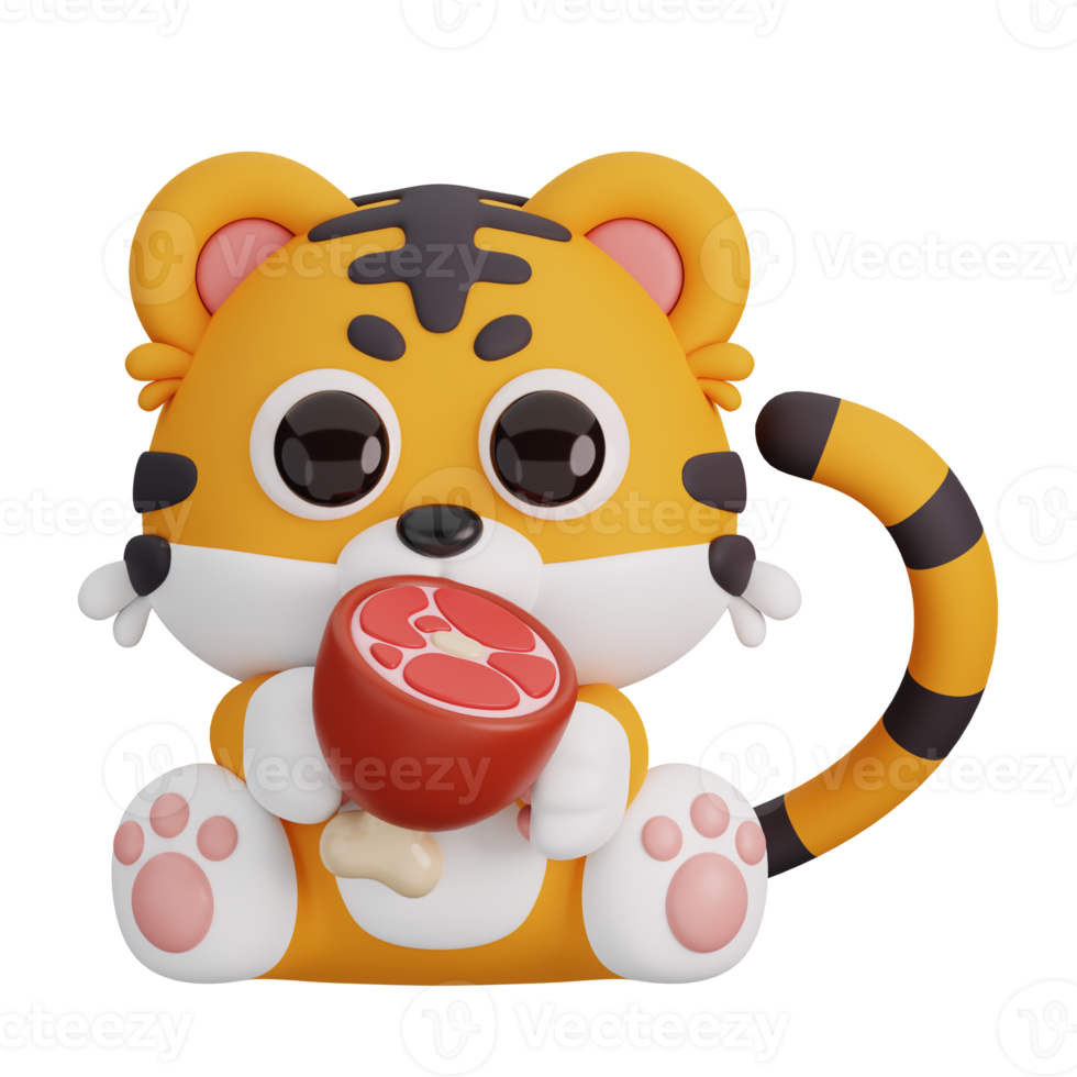 Cute Tiger Holding Meat Isolated. Animals and Food Icon Cartoon Style Concept. 3D Render Illustration png