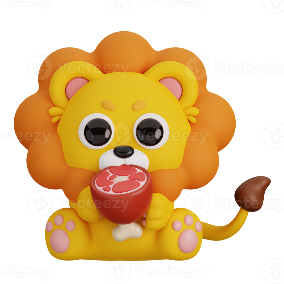 Cute Lion Holding Meat Isolated. Animals and Food Icon Cartoon Style Concept. 3D Render Illustration png