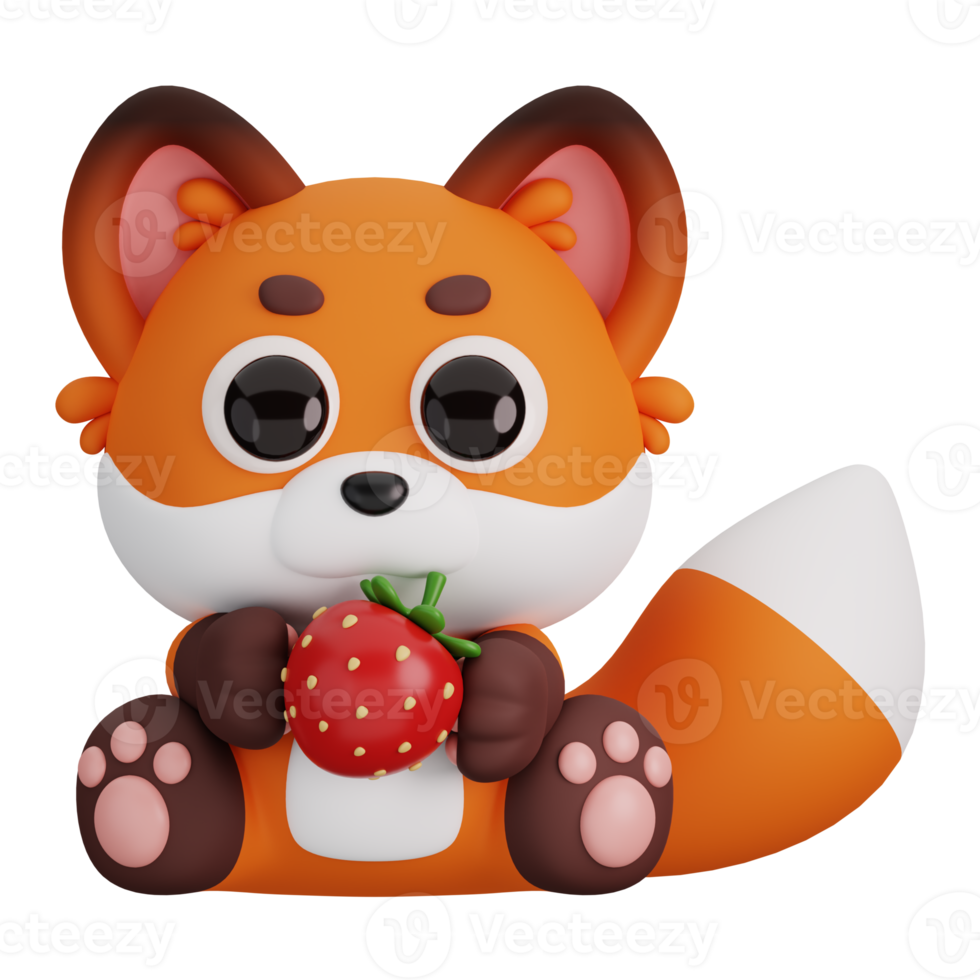 Cute Red Fox Holding Strawberry Isolated. Animals and Food Icon Cartoon Style Concept. 3D Render Illustration png