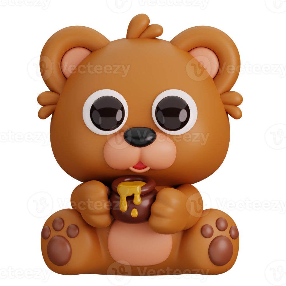 Cute Bear Holding Honey Pot Isolated. Animals and Food Icon Cartoon Style Concept. 3D Render Illustration png