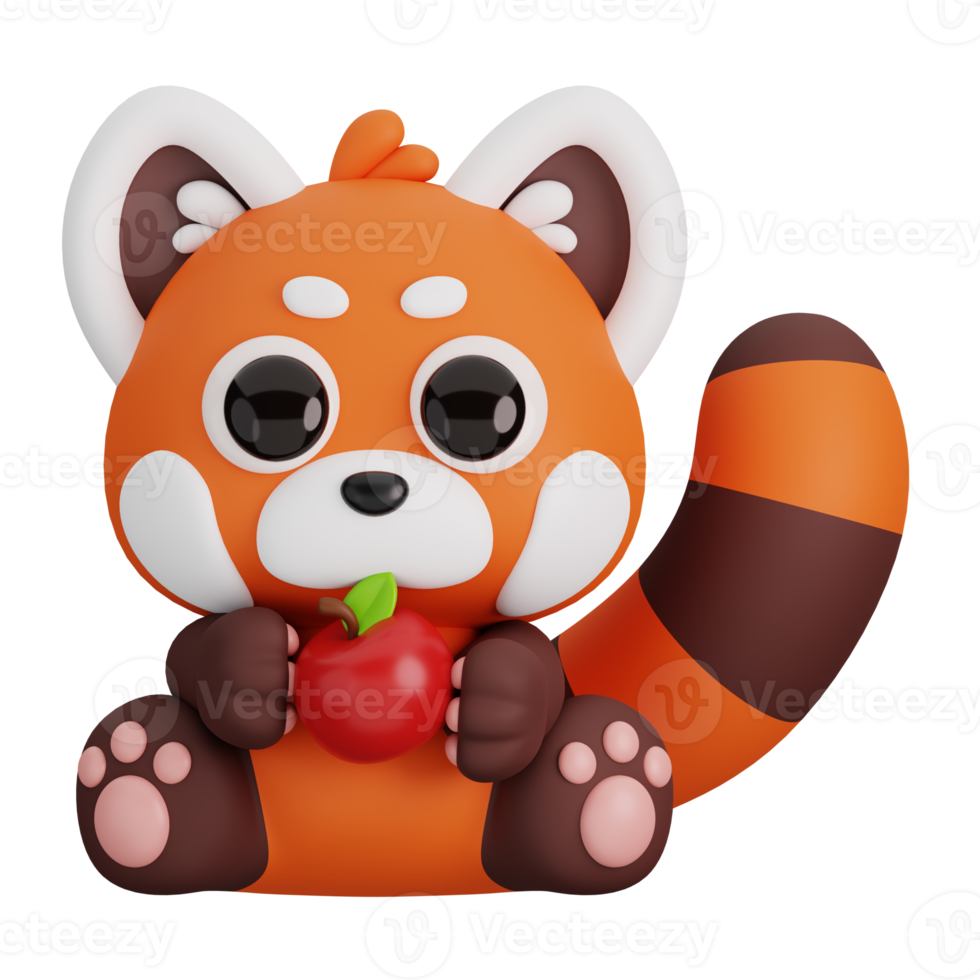 Cute Red Panda Holding Apple Isolated. Animals and Food Icon Cartoon Style Concept. 3D Render Illustration png