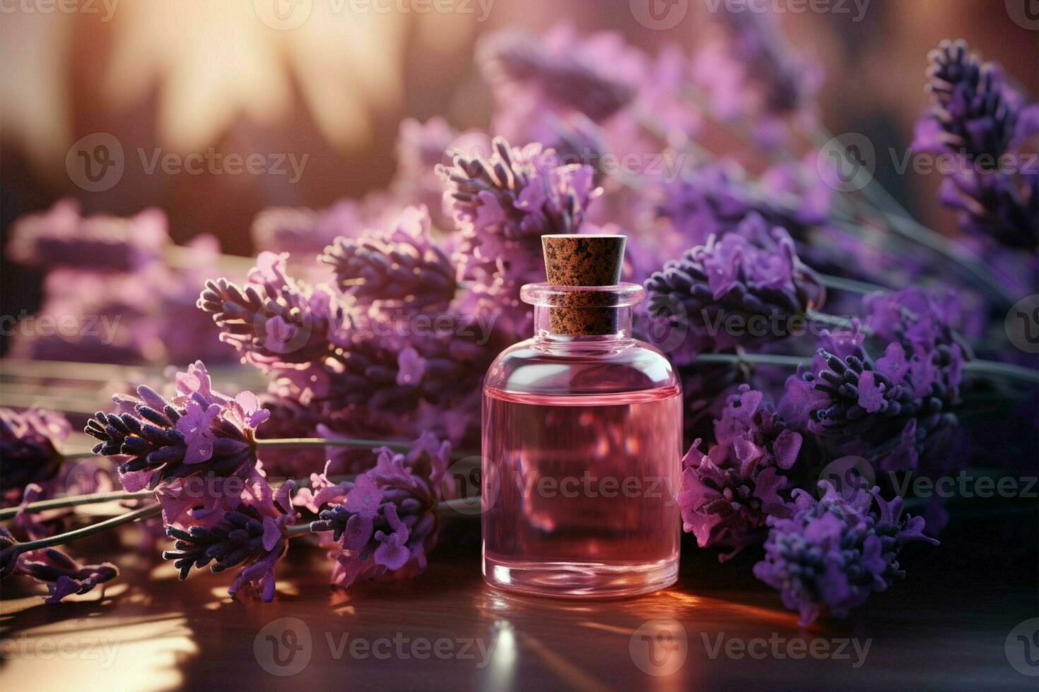 Aromatic oasis lavender banner with essential oil flacons, perfect for relaxation and perfumery AI Generated photo