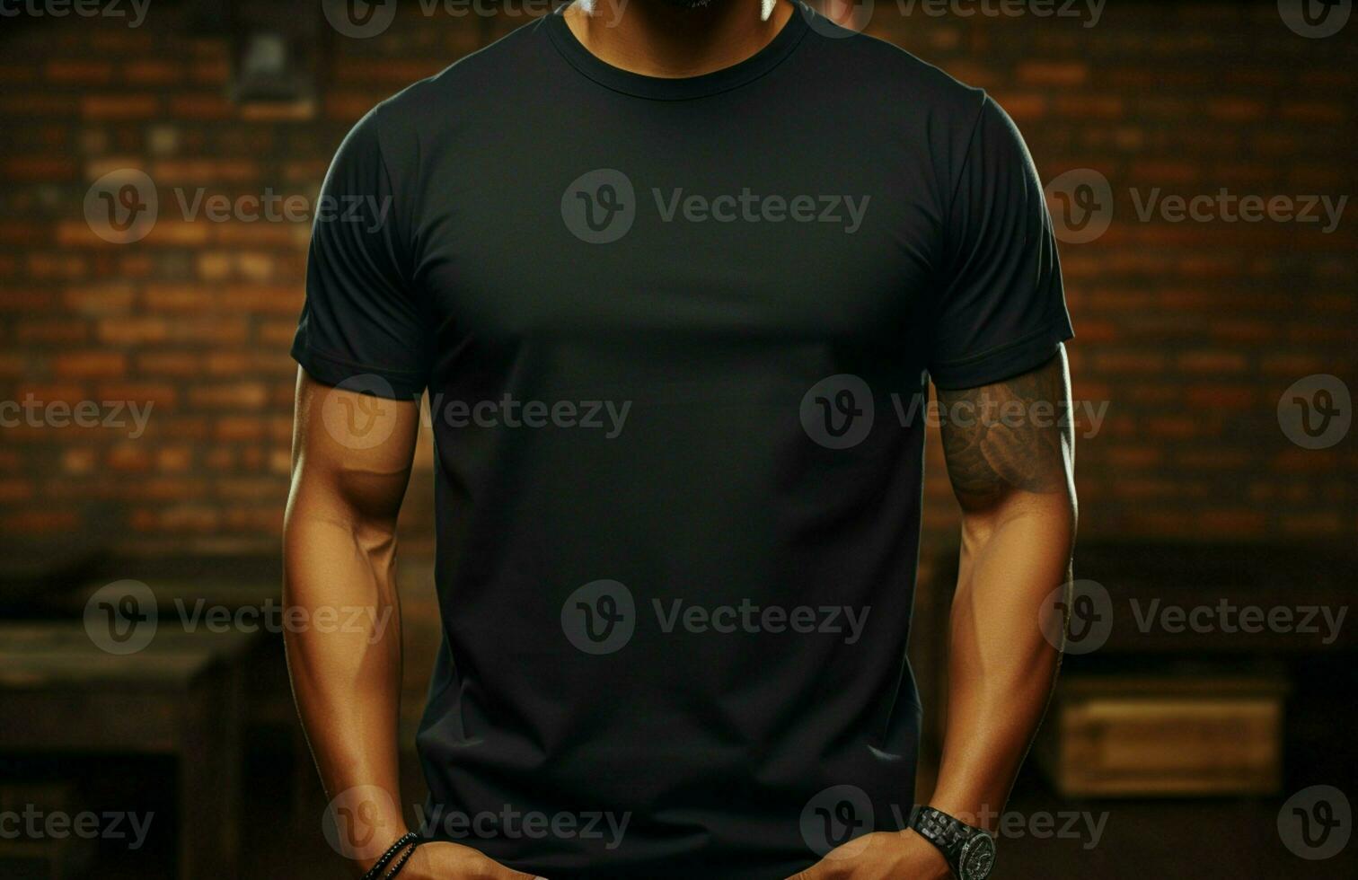 Blank black tee Handsome man, brick wall background, modern look AI Generated photo
