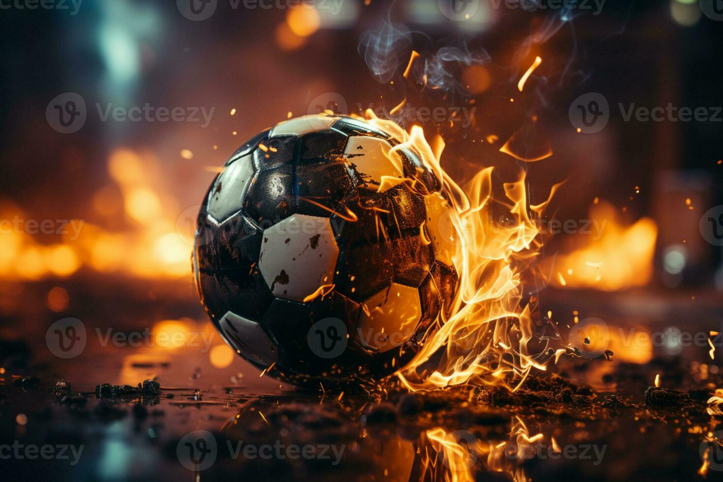 un fútbol pelota en fuego con llamas ai generado foto