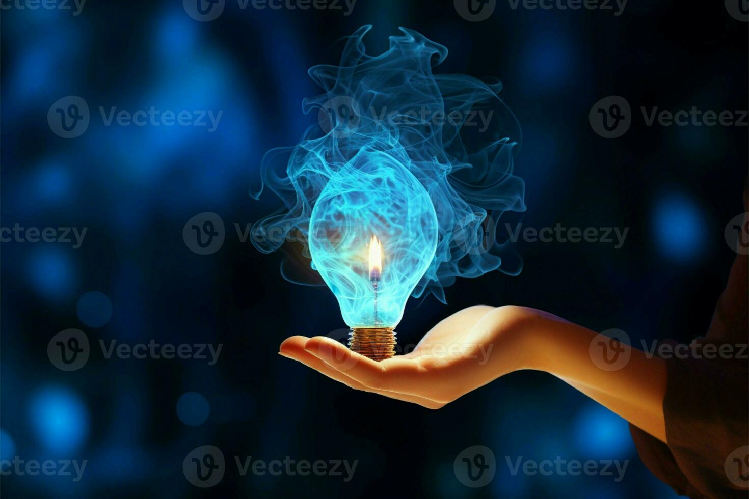 Illuminated idea in hand, blue smoke veils innovations mystical solution AI Generated photo