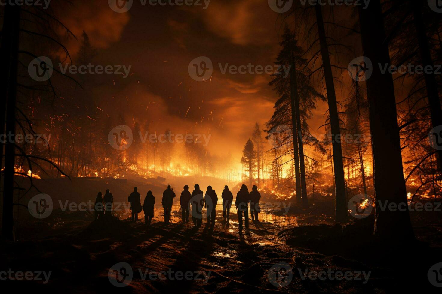 Nighttime forest fire, people silhouette watching AI Generated photo