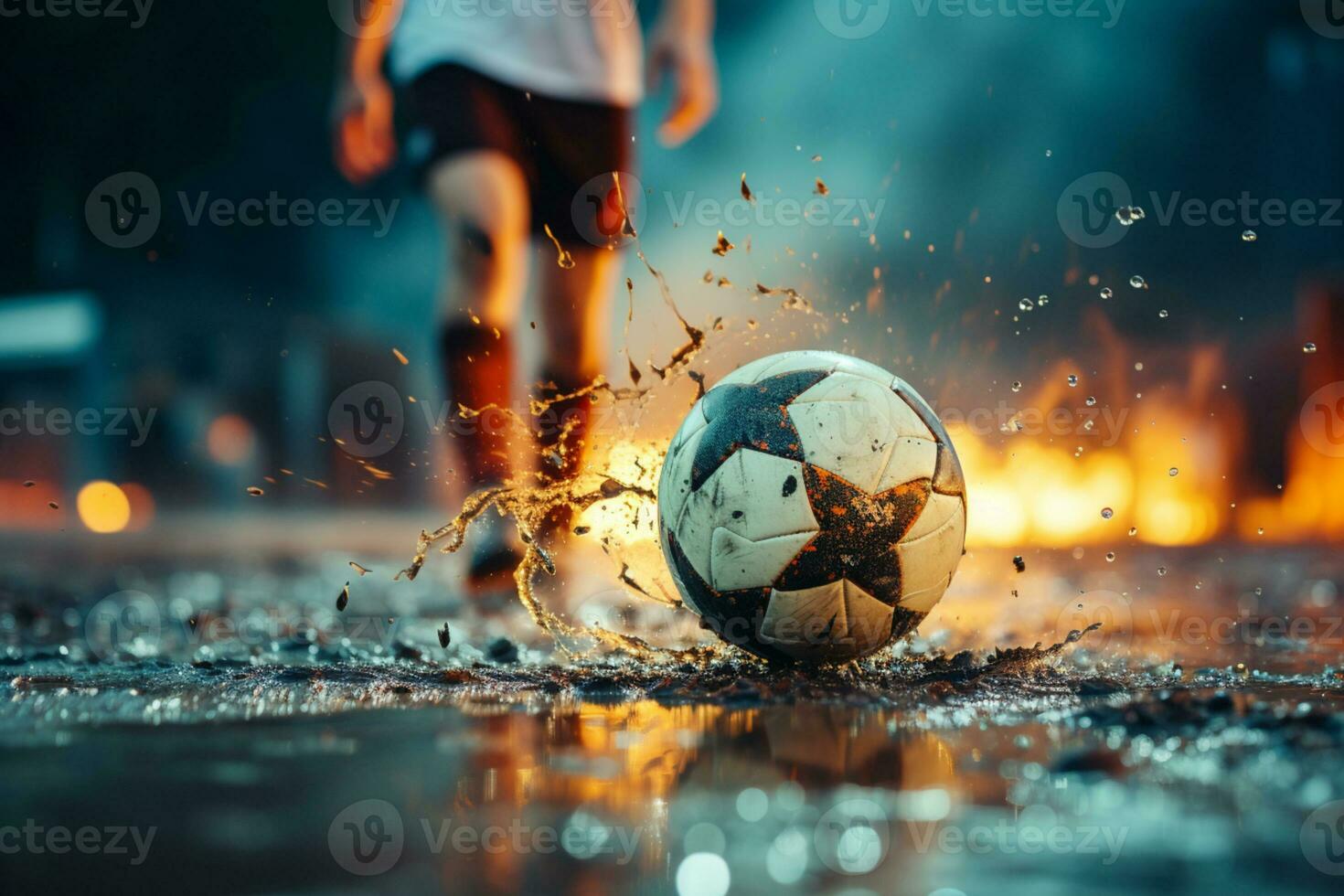 fútbol pelota en el suelo con agua salpicaduras ai generado foto