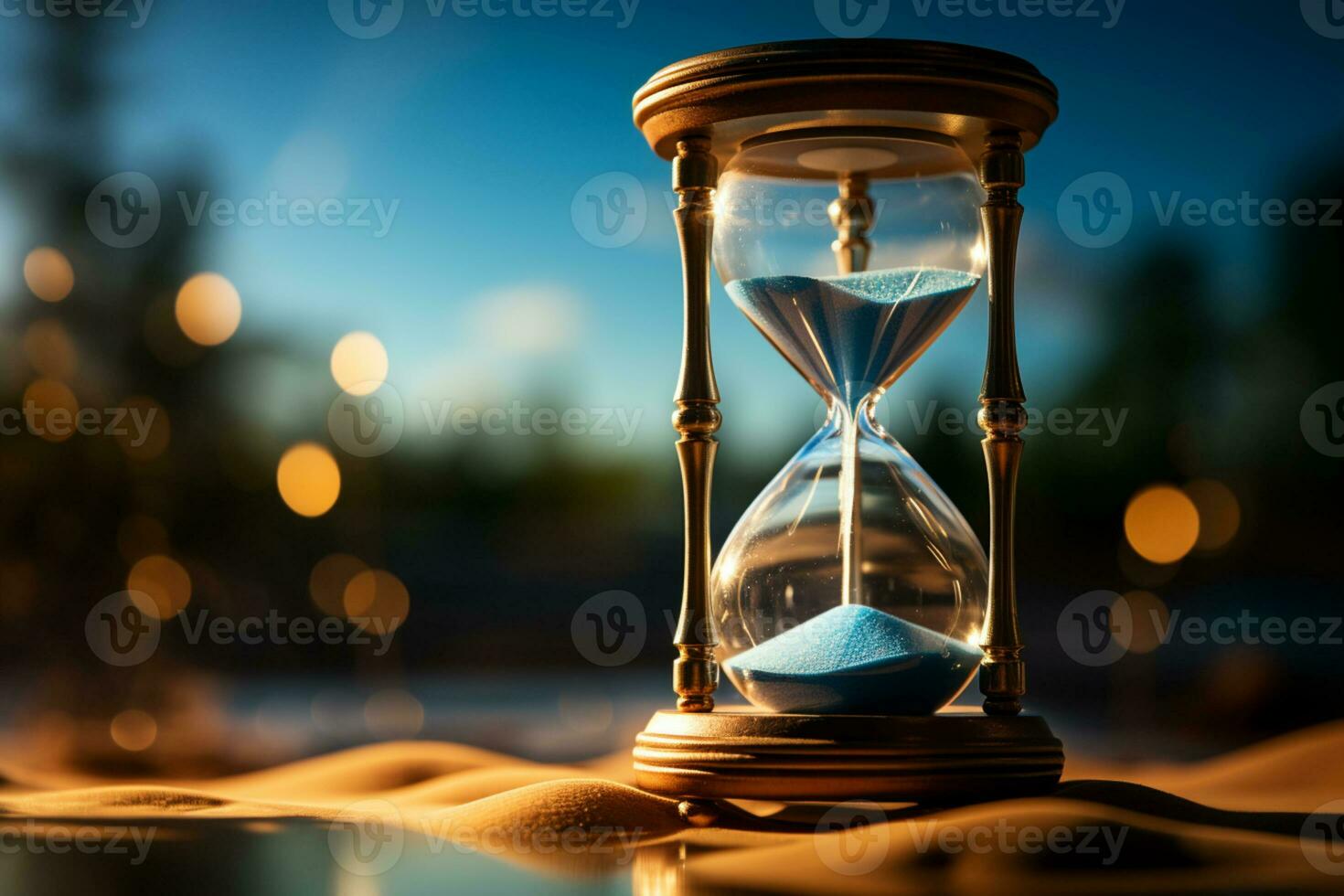 Sand flows within hourglass on blue background, creating text friendly focal point AI Generated photo