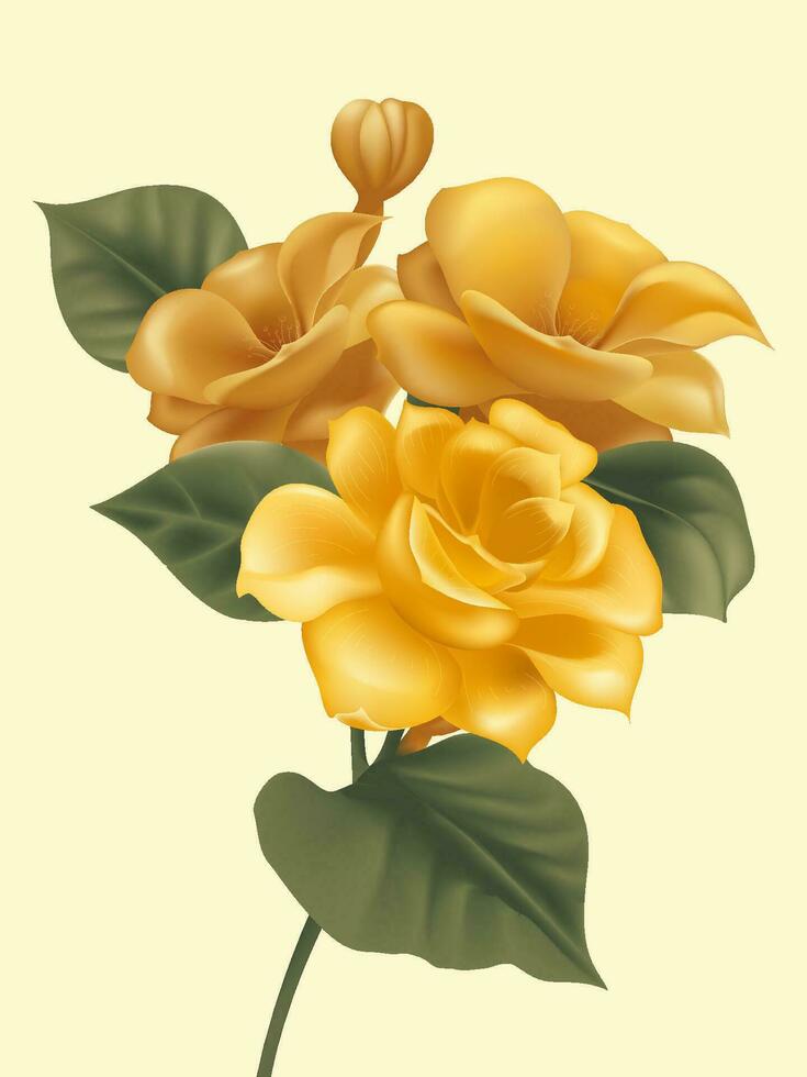 Vector hand painted golden flowers in full bloom