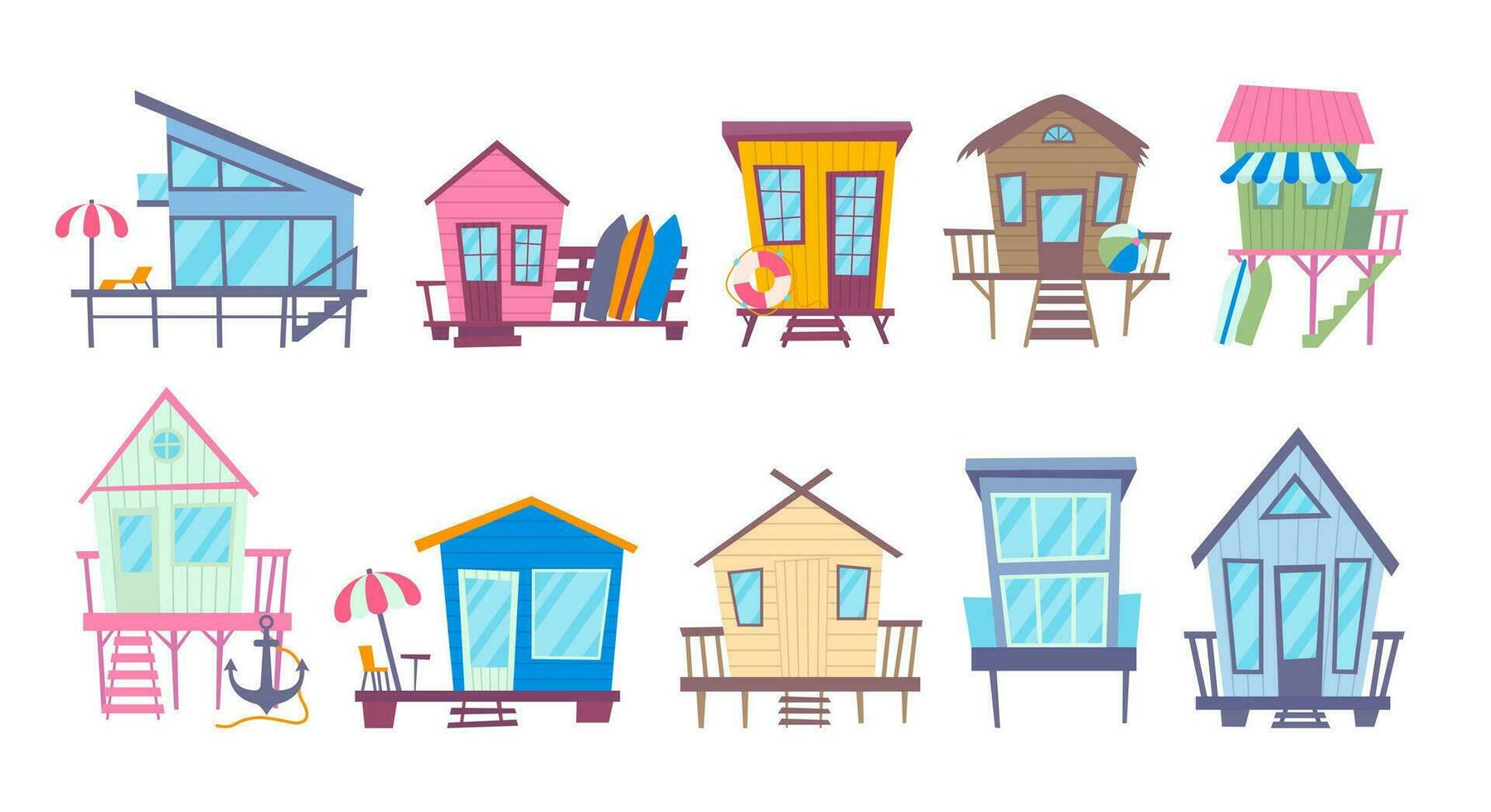 Cartoon Color Different Types Beach Huts Set. Vector
