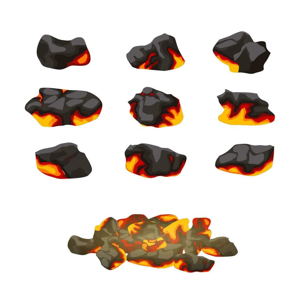 Cartoon Color Burning Charcoal for Grill and Barbecue Set. Vector