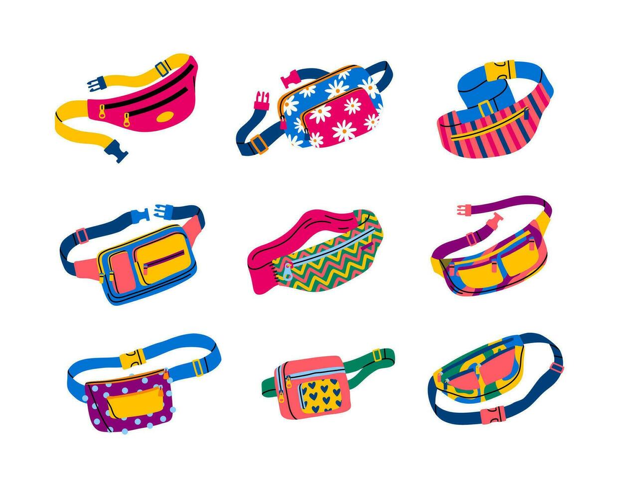 Cartoon Color Different Waist Bag Toes Icon Set. Vector
