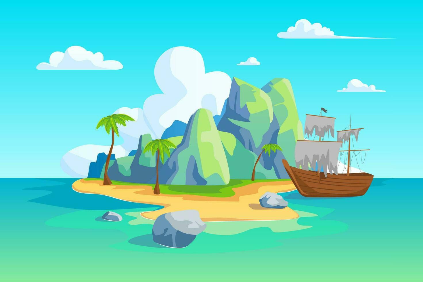 Cartoon Color Pirate Island Landscape Scene Concept. Vector