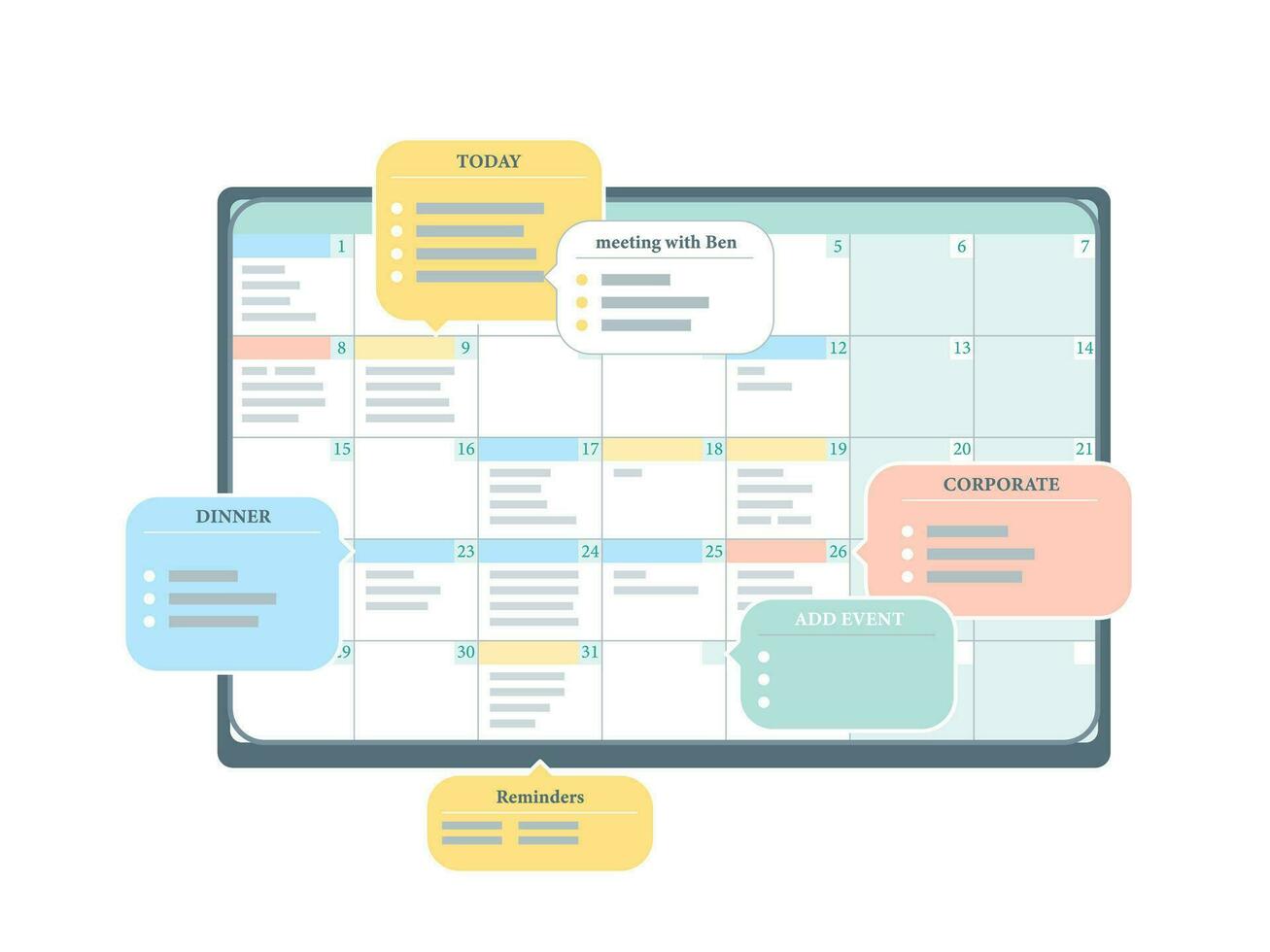 Cartoon Color Scheduling Appointment in Calendar Application. Vector