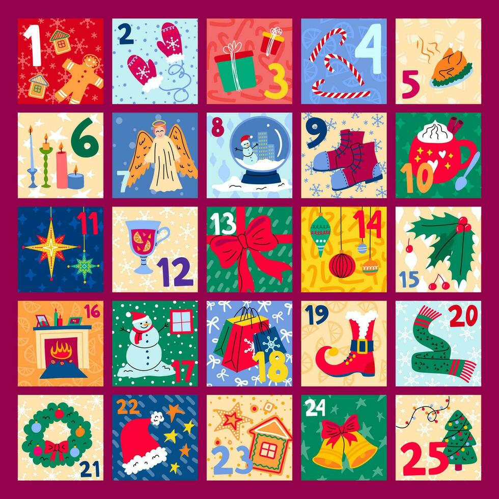 Cartoon Color Festive Christmas Advent Calendar Concept. Vector