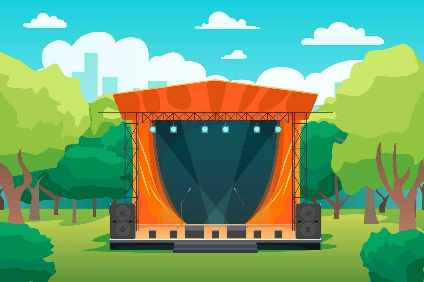 Cartoon Color Festival Music Concert Stage Outdoor Park Landscape Scene Concept. Vector