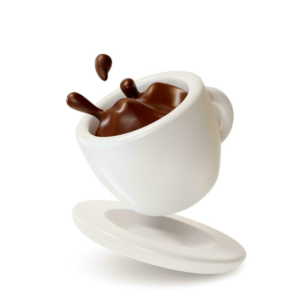 3d White Cup with Hot Coffee Splash Cartoon Style. Vector