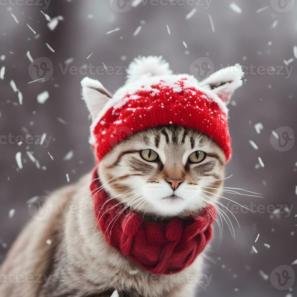 Cute cat with red hat on snowy background photo