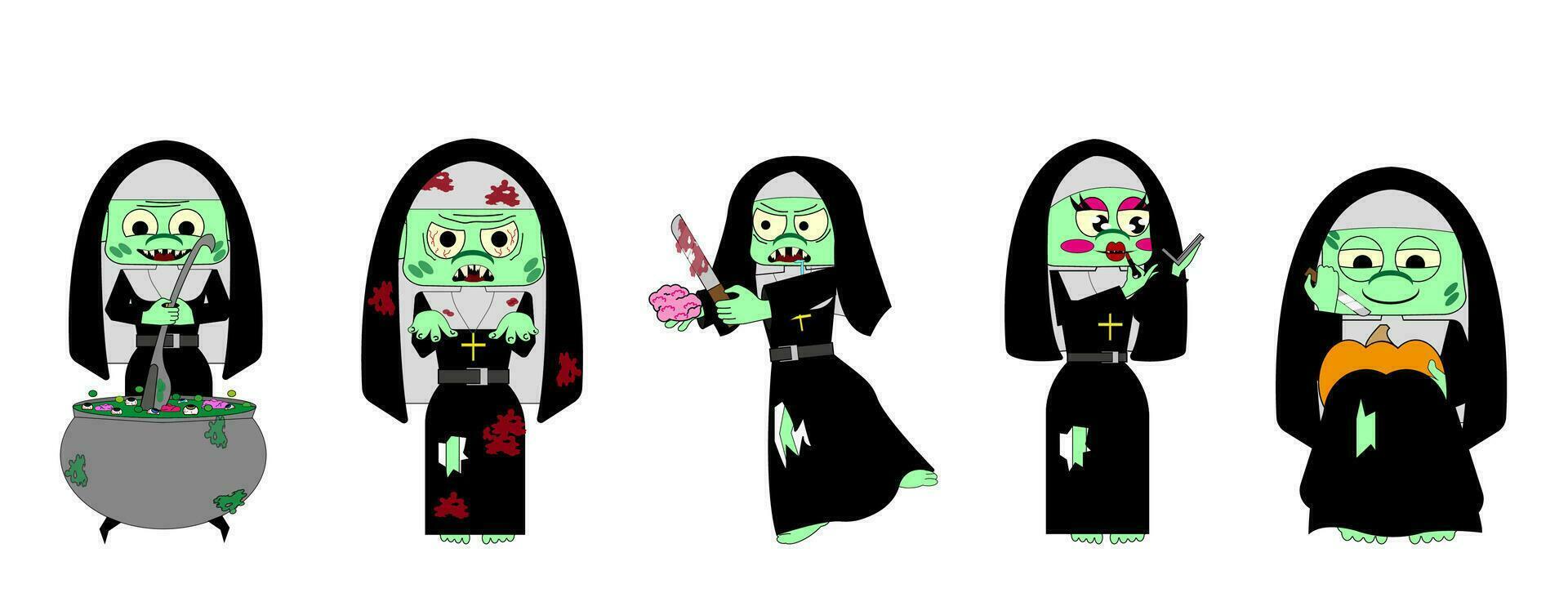 Set of  zombie nun. Halloween costume.Vector illustration. All elements are isolated vector