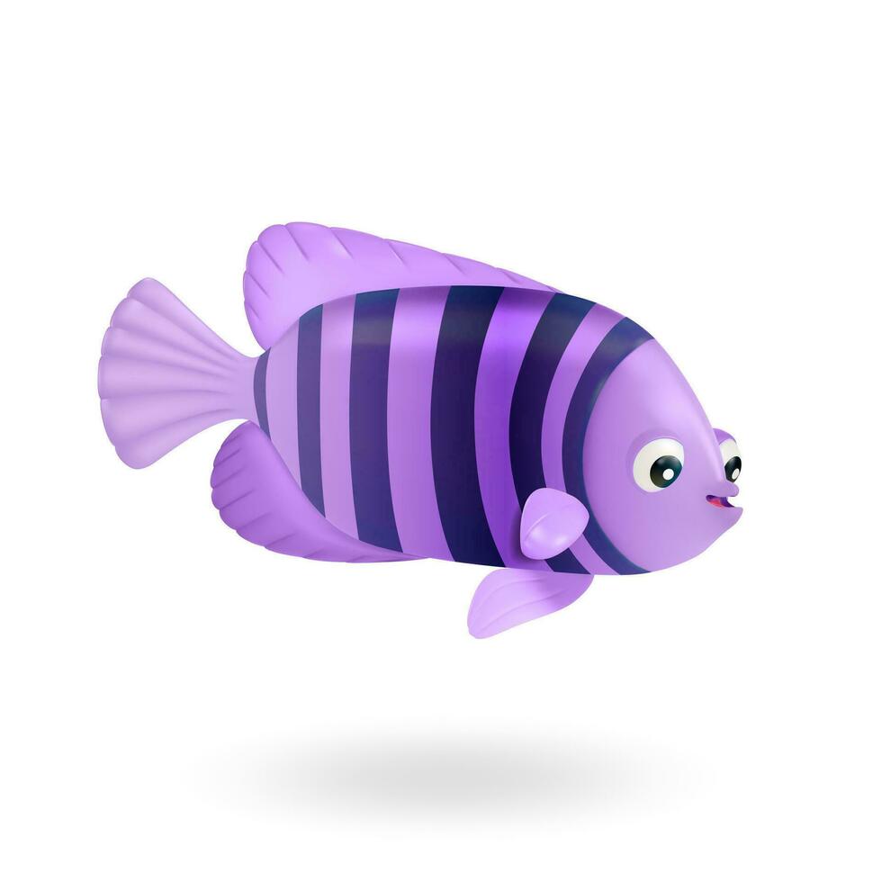 3d Color Cute Striped Sea Fish Cartoon Style. Vector