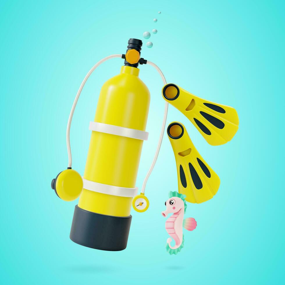 3d Aqualung or Scuba Oxygen Cylinder and Fins Set Cartoon Style. Vector